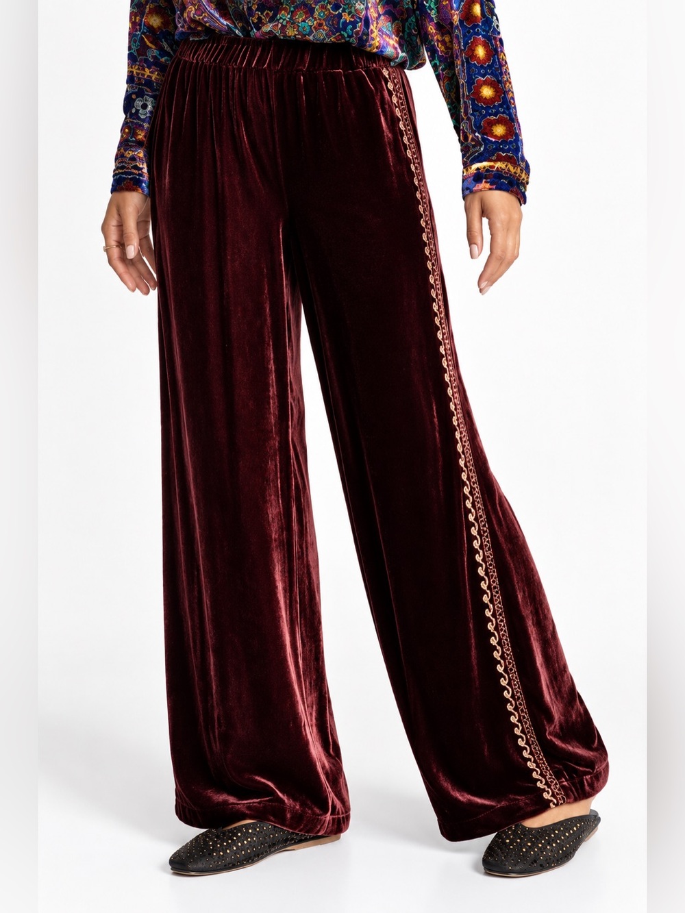NWT Johnny Was Wide Leg Velvet Pants Blackberry Dark Red Embroidered Sz S